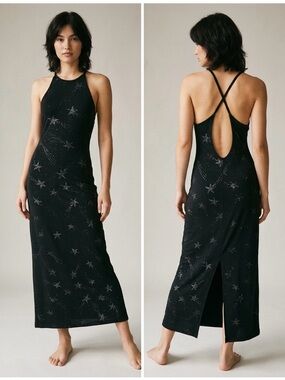 VINTAGE 90’s JUMP Black Glitter Star Print Crisscross Open Back Maxi Dress 9 10
